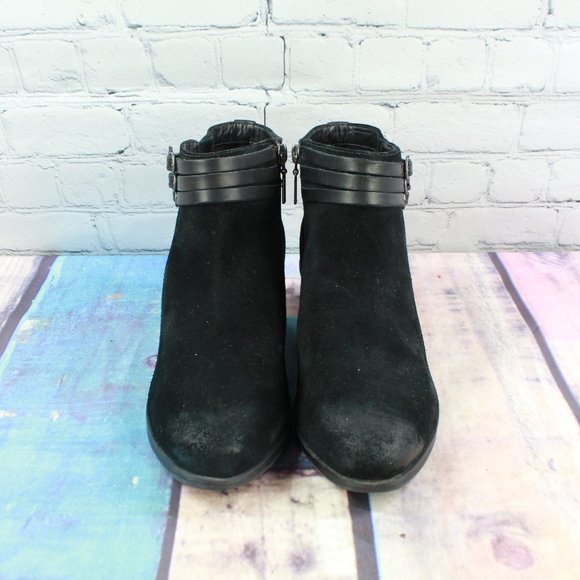 Clarks Black Shine Suede Strappy Side Zipper Ankle Heeled Booties 9.5 M - Picture 5 of 9